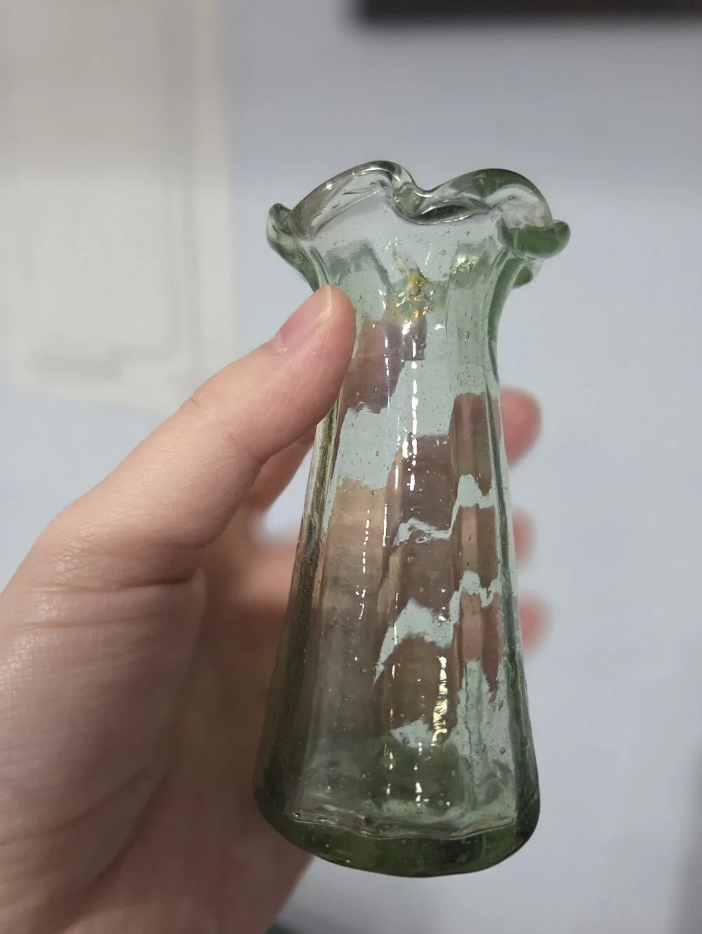 Vintage 19th Century Green Glass Bud Vase Hand Blown Bubbles